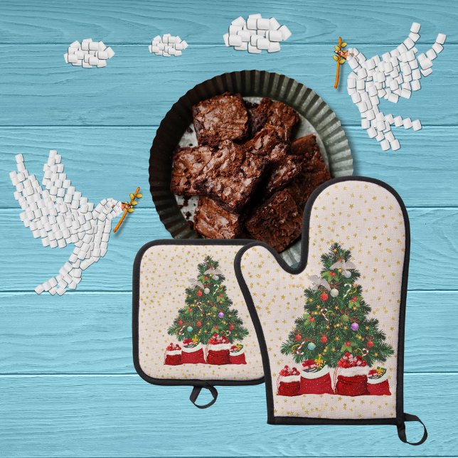 Turtle doves in Christmas background grey Oven Mitt & Pot Holder Set (Creator Uploaded)