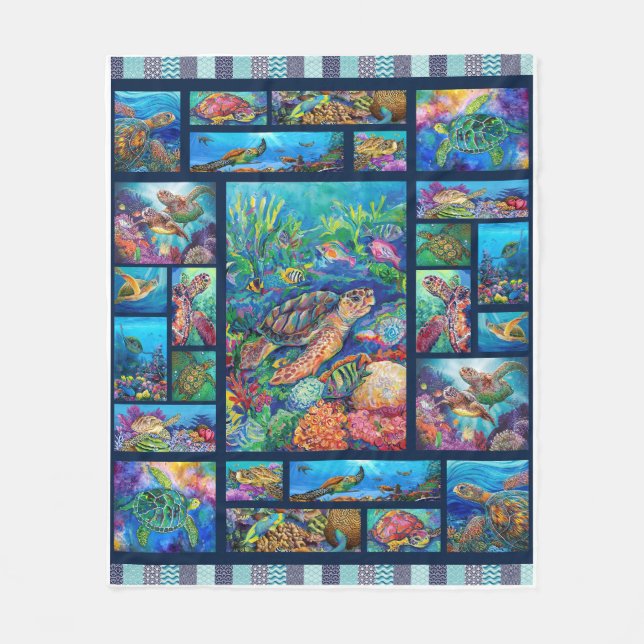 Turtle Drawing Colourful Swimming Under The Ocean Fleece Blanket (Front)