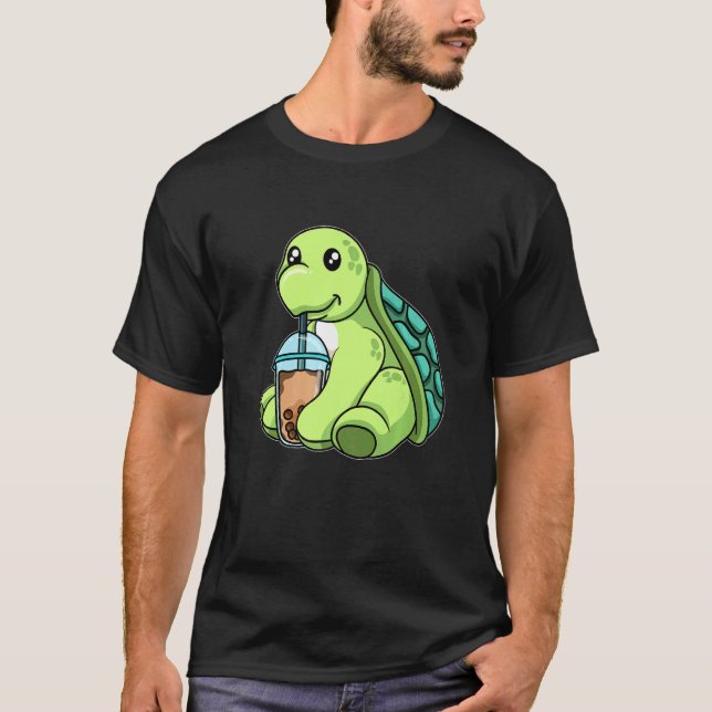 Turtle Drinking Bubble Tea Cute Animals With Boba  T-Shirt (Front)