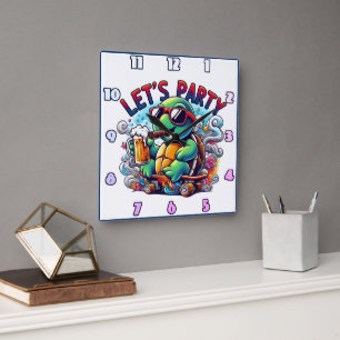 Turtle drinks on a skateboard! square wall clock