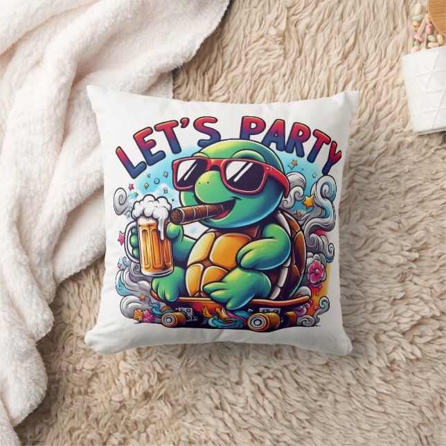 Turtle drinks on a skateboard! throw pillow (Blanket)