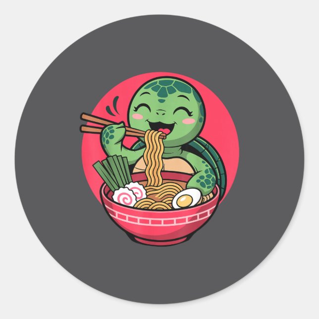 Turtle Eating Ramen Kawaii Turtle Japanese Kawaii  Classic Round Sticker (Front)