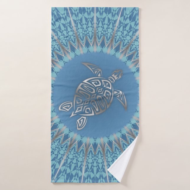 Turtle en argent bleu et Mandala (Serviette de bain)