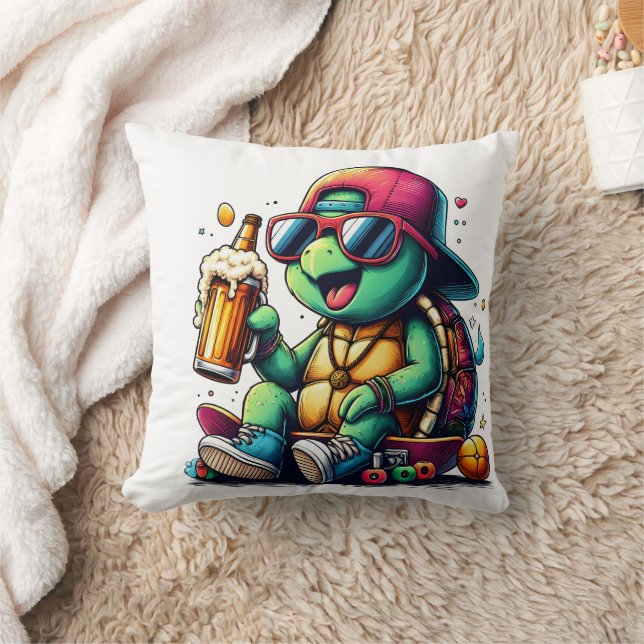 Turtle enjoying a drink at a summer party throw pillow (Blanket)