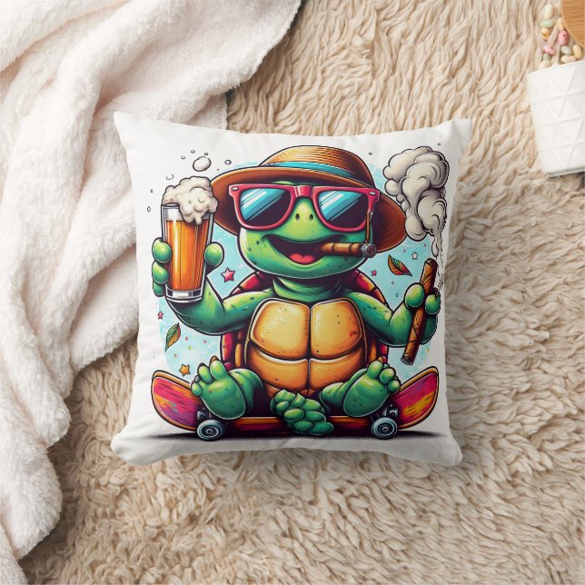 Turtle enjoying drinks and cigars! throw pillow (Blanket)