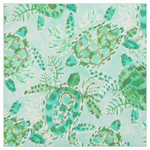 TURTLE FLOAT Green Aqua Watercolor Fabric