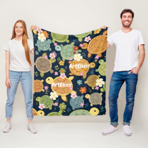 Turtle Floral Print Fleece Blanket