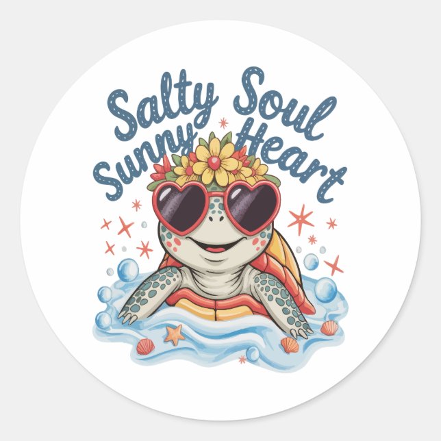 Turtle Floral Summer Beach Classic Round Sticker (Front)