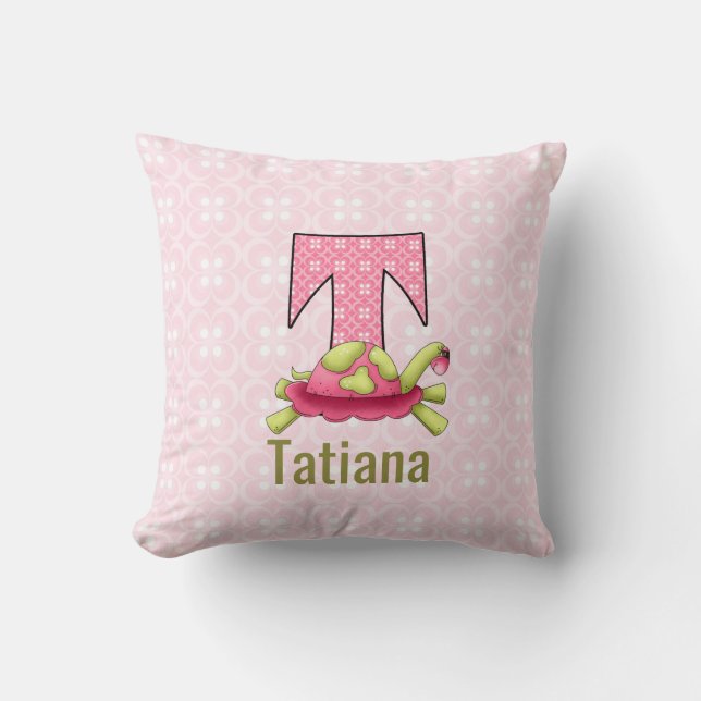 Turtle for Letter T in Pink Circle Pattern Girls Throw Pillow (Front)