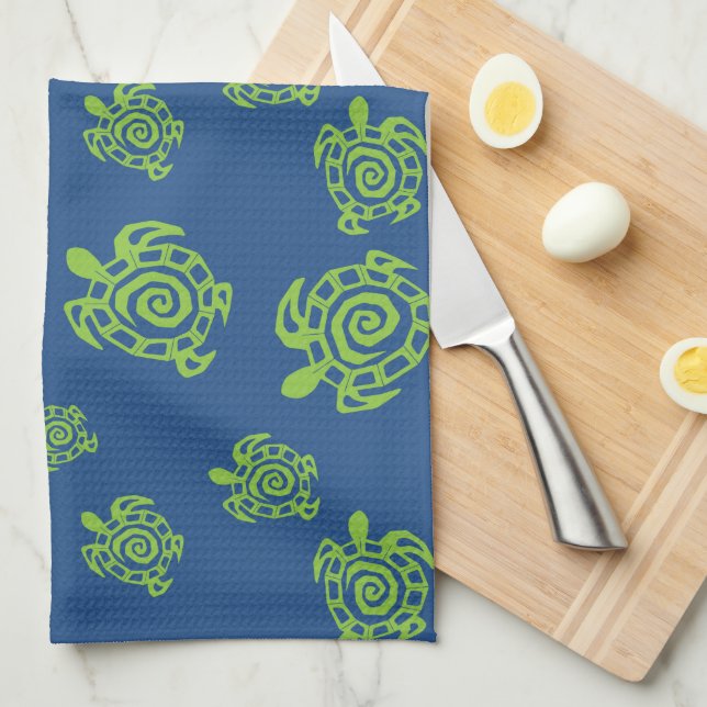 Turtle Green on Blue Kitchen Towel (Quarter Fold)