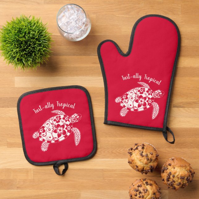 Turtle-Hawaiian-Fisherman Core-Cherry Red Oven Mitt & Pot Holder Set (Top Down)