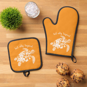 Turtle-Hawaiian-Fisherman Core-Orange Oven Mitt & Pot Holder Set