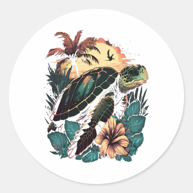 Turtle Hawaiian Sea Turtles Hibiscus Flower Classic Round Sticker (Front)