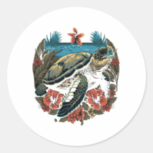 Turtle Hawaiian Sea Turtles Hibiscus Flower Classic Round Sticker