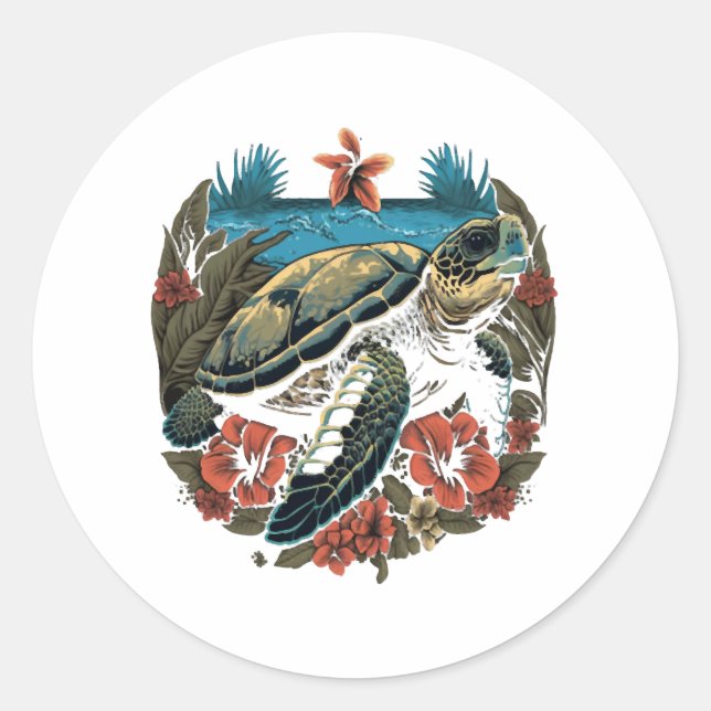 Turtle Hawaiian Sea Turtles Hibiscus Flower Classic Round Sticker (Front)