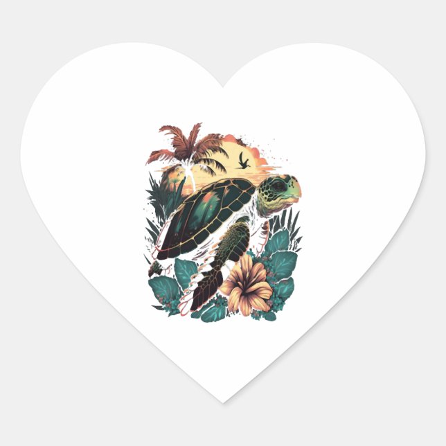 Turtle Hawaiian Sea Turtles Hibiscus Flower Heart Sticker (Front)