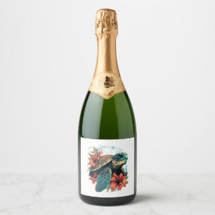 Turtle Hawaiian Sea Turtles Hibiscus Flower Sparkling Wine Label