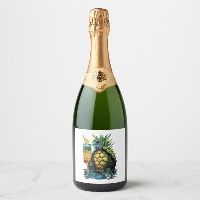 Turtle Hawaiian Sea Turtles Pineapple Aloha Sparkling Wine Label (Front)