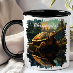 Turtle in Forest Reflection Mug<br><div class="desc">Sip your favourite beverage with the Turtle in Forest Reflection Mug. This charming mug features a detailed image of a turtle resting by a tranquil forest lake, with the serene landscape beautifully reflected in the water. Customized with your name, it adds a personal and unique touch. Perfect for coffee, tea,...</div>