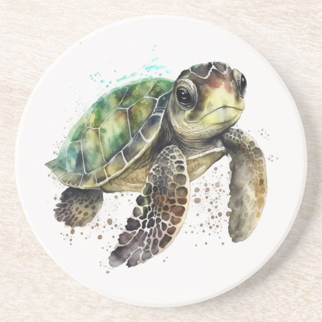 Turtle in Watercolor Sandstone Coaster (Front)