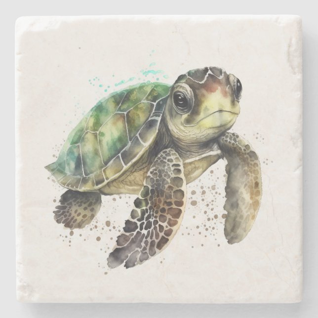 Turtle in Watercolor Stone Coaster (Front)