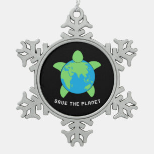 Turtle Lover   Save The Turtle Planet Snowflake Pewter Christmas Ornament
