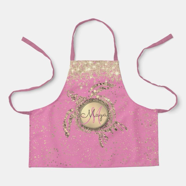 Turtle Monogram Stars on Pink Personalized Apron (Front)