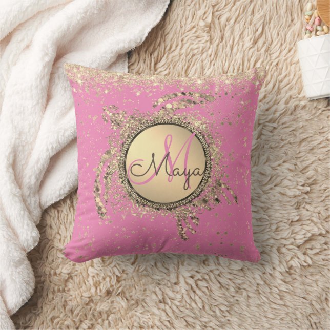 Turtle Monogram Stars on Pink Personalized Throw Pillow (Blanket)