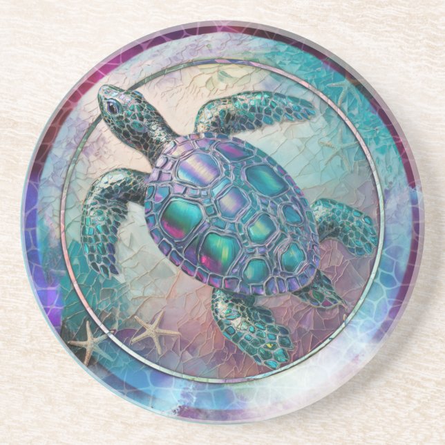 Turtle Mosaic Round Sandstone Coaster (Front)