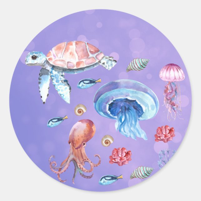 Turtle Octopus Jellyfish Swimming Classic Round Sticker (Front)