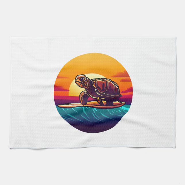 Turtle on Surfboard Sunset Kitchen Towel (Horizontal)