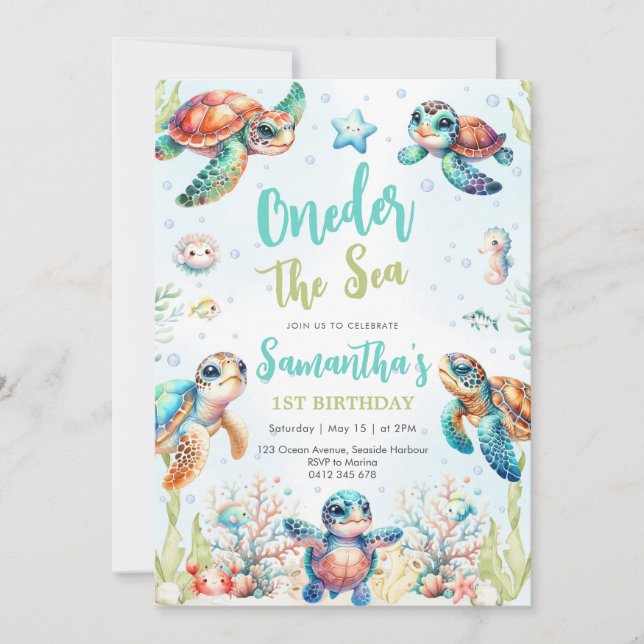Turtle Oneder The Sea 1st Birthday Invitation (Devant)