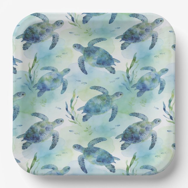 Turtle Paper Plates, Watercolor Sea Turtle Plate (Front)