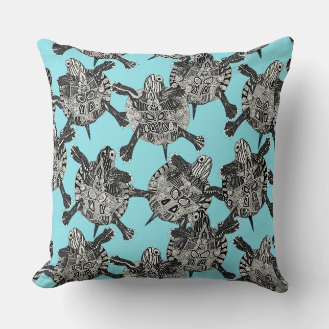 turtle party aqua blue throw pillow (Front)