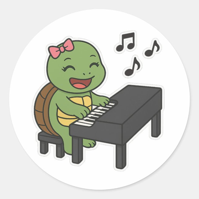 Turtle playing on a piano classic round sticker (Front)