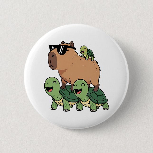 Turtle Ride Capybara, Funny Capybara 2 Inch Round Button (Front)