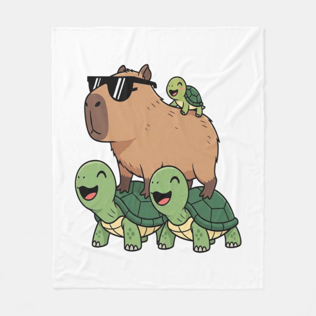 Turtle Ride Capybara, Funny Capybara Fleece Blanket (Front)