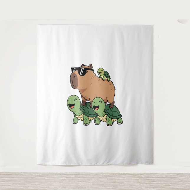Turtle Ride Capybara, Funny Capybara Tapestry (Front)