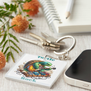 Turtle Rockstar Jamming on Stage Keychain