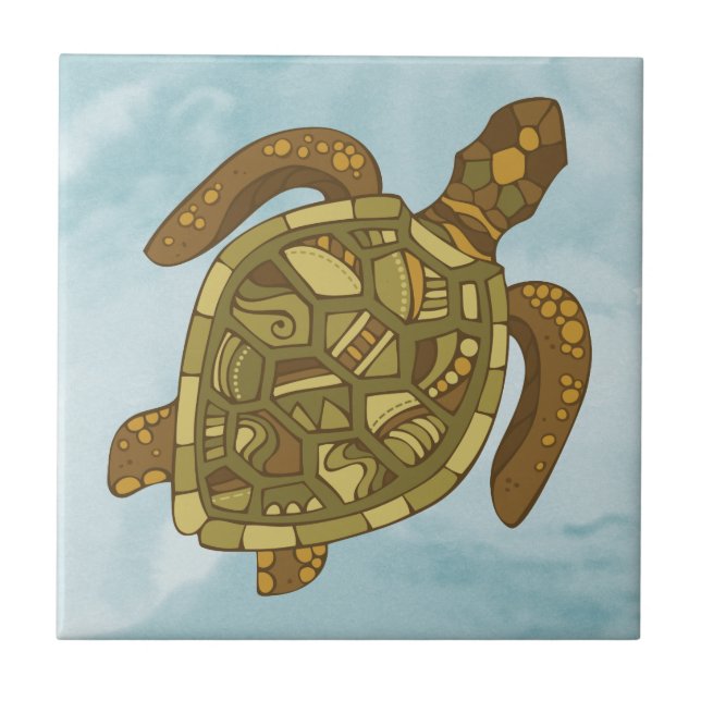 Turtle Sea Life Blue Mosaic Nautical Tile (Front)