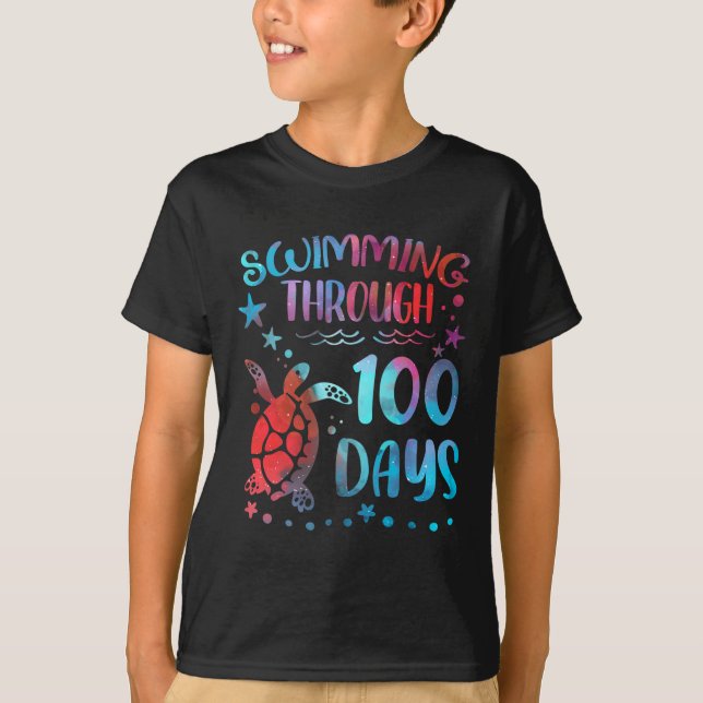Turtle Sea Swimming Through 100 Days Of School Tea T-Shirt (Front)