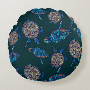 Turtle seamless pattern on dark background. illust round pillow