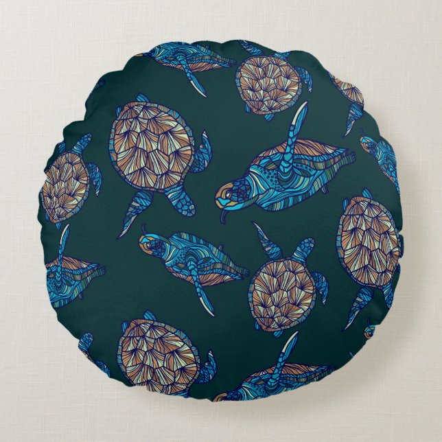 Turtle seamless pattern on dark background. illust round pillow (Front)