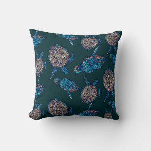 Turtle seamless pattern on dark background. illust throw pillow
