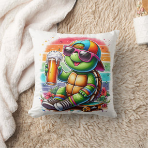 Turtle skateboarder sipping a drink outdoors throw pillow