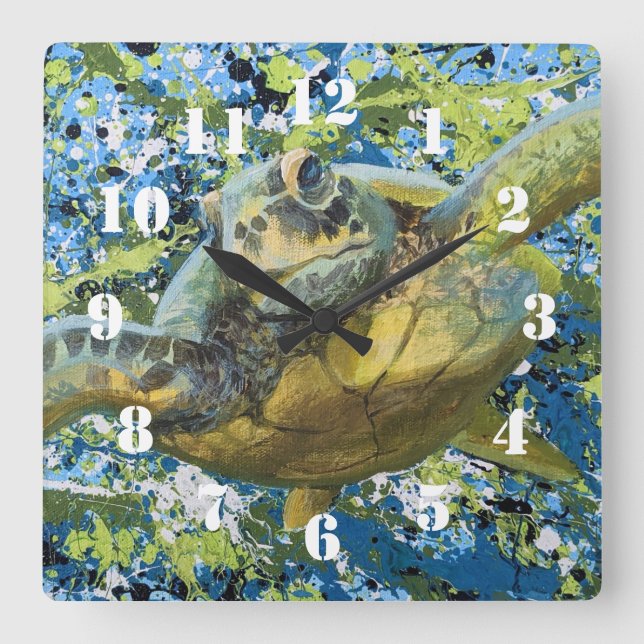 Turtle Splatter Art Square Wall Clock (Front)