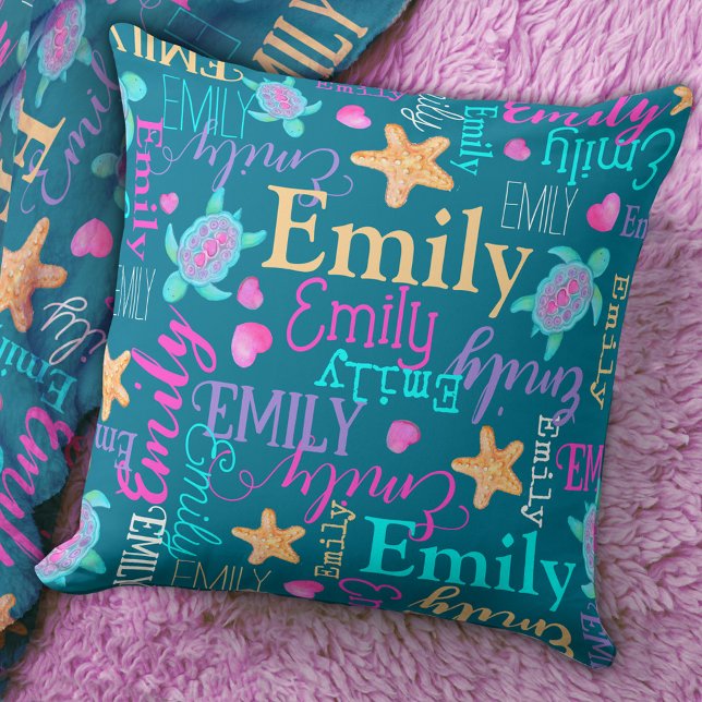 Turtle, starfish and hearts name patterned throw pillow (Creator Uploaded)