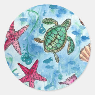 Turtle Starfish Shells Sea Creature Watercolor Classic Round Sticker