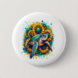 Turtle Sunflower 2 Inch Round Button