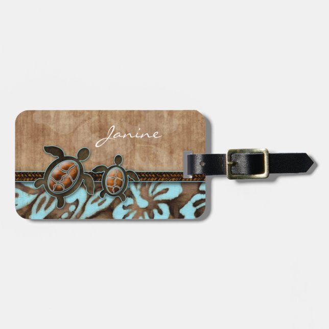 Turtle Travel Luggage Tag Hibiscus Blue Brown (Front Horizontal)